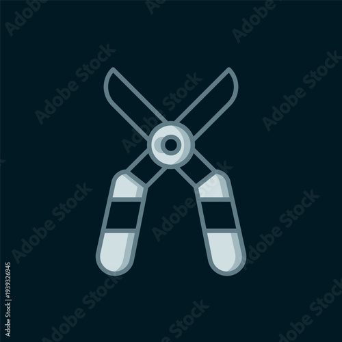 Line Gardening handmade scissors for trimming icon isolated on black background. Pruning shears with wooden handles. Flat filled outline style with shadow. Vector