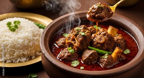 Rich gravy beef curry in traditional clay pot paired with rice