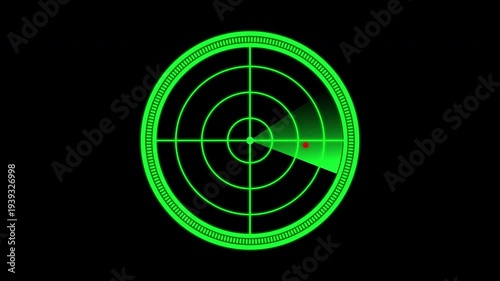 futuristic green radar scanning interface with a rotating sweep displayed in a modern HUD style. alpha channel background for easy compositing and seamless looping. Ideal for navigation, security, etc