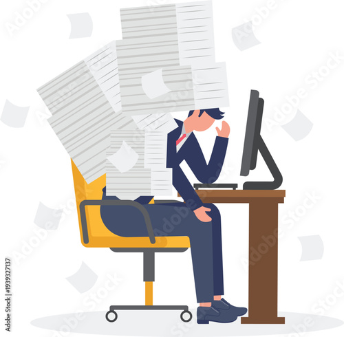 Stressed Businessman Under Heavy Paperwork Load