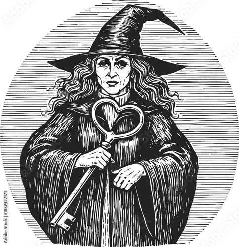 witch holding heart shaped key dark magic woman in pointed hat and flowing robe, mystical vintage engraving