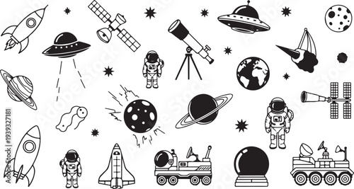 Set of 25 space icons vector, black and white, astronomy symbols