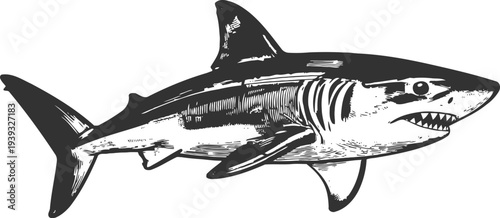 Black and white illustration of a fierce shark with open mouth and sharp teeth, ocean predator artwork