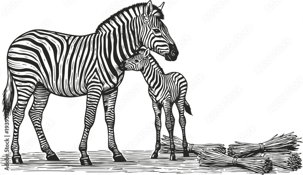 Obraz premium Mother zebra and foal standing together near dry grass bundles, black and white wildlife illustration