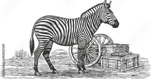 Vintage zebra standing near old wooden wagon wheels and rustic crates, detailed black and white engraving