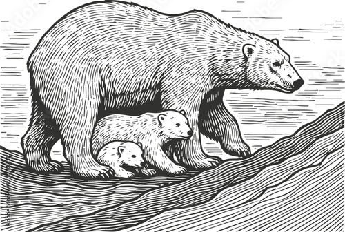 Mother bear walking with two cubs on rocky terrain in hand drawn vintage