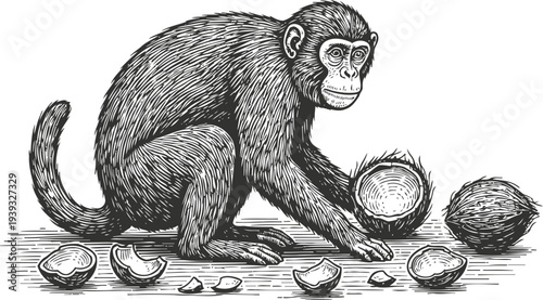 monkey cracking open coconut detailed vintage sketch of primate holding fruit with broken shells scattered