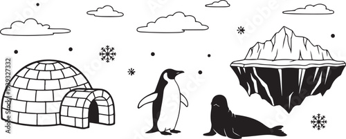 Set of 3 Arctic animal and landscape icons vector