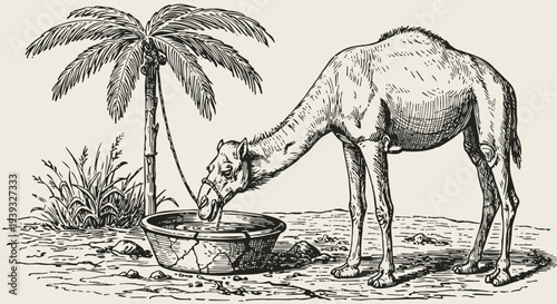 Camel drinking water from a trough near palm tree in desert landscape vintage illustration