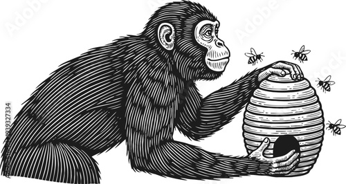 Monkey exploring beehive with bees flying around wild animal curiosity and nature interaction concept