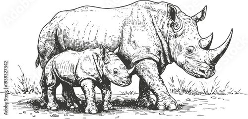 Mother and baby rhinoceros together in grassland african wildlife nature illustration
