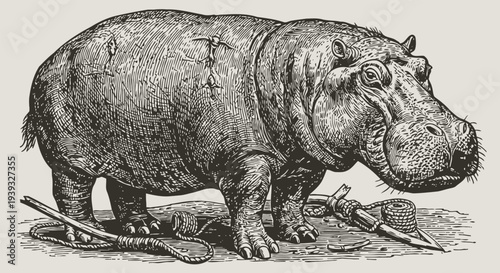 Vintage hippopotamus illustration with ropes and shackles, detailed black and white animal engraving