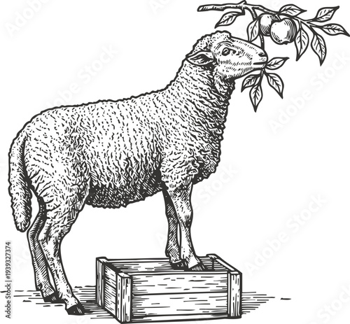 Sheep standing on a wooden box eating fruit from a tree branch detailed vintage illustration