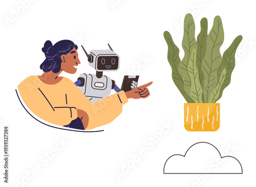 Artificial intelligence, future technology, human-robot interaction, environment, sustainability, teamwork. Woman pointing as robotic assistant responds. Human-robot interaction and artificial