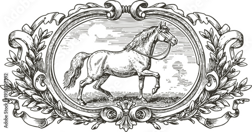 vintage horse illustration in ornate frame with detailed floral decoration and classic engraving