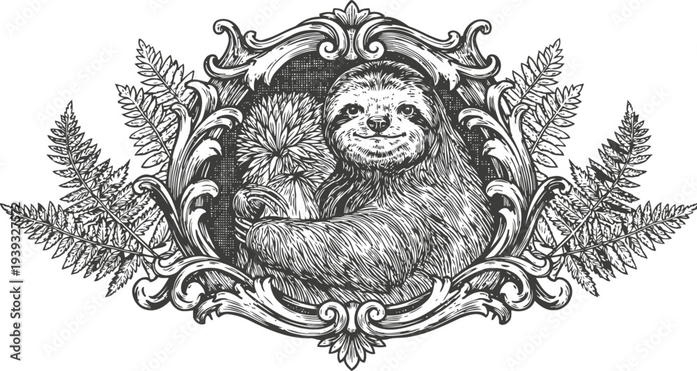 Fototapeta premium Ornate vintage frame with detailed sloth holding flower surrounded by tropical leaves and floral elements
