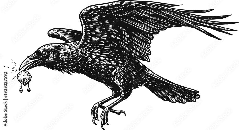 Obraz premium Detailed raven flying with an eyeball in its beak, ink drawing of a crow bird holding dripping eyeball