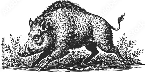 Wild boar illustration in black and white detailed vintage engraving image with foliage background