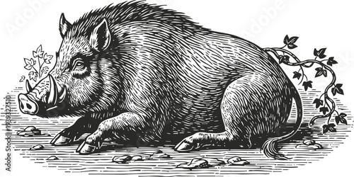 Wild boar lying down detailed vintage engraving of a forest animal resting on ground with leaves and vine