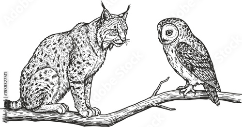 Lynx and owl perched on tree branch detailed black and white wildlife sketch illustration