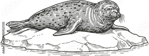 harbor seal resting on the rock hand drawn marine animal with spotted fur lying on stone wildlife and ocean creature sketch