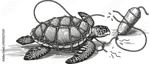 turtle entangled in fishing net and buoy marine life endangered by ocean pollution and discarded fishing gear
