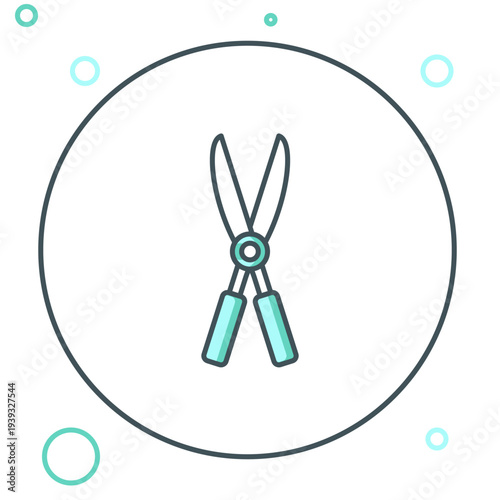 Line Gardening handmade scissors for trimming icon isolated on white background. Pruning shears with wooden handles. Colorful outline concept. Vector