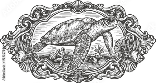 Vintage sea turtle illustration framed with decorative seashells and coral elements in classic engraving