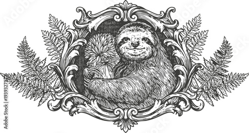 Ornate vintage frame with detailed sloth holding flower surrounded by tropical leaves and floral elements