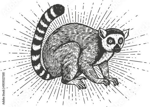 Detailed hand drawn lemur illustration with striped tail and radiant background lines