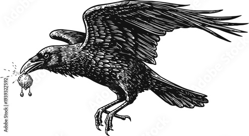 Detailed raven flying with an eyeball in its beak, ink drawing of a crow bird holding dripping eyeball