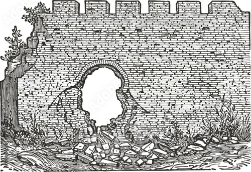 Old broken brick wall with large hole and scattered rubble around damaged section, vintage engraving