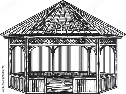 Wooden gazebo with intricate lattice design and pitched roof, outdoor garden pavilion structure