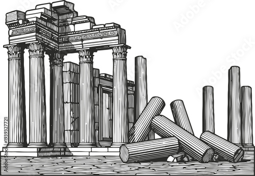 Ancient greek temple ruins with classical columns and fallen marble pillars in detailed line art