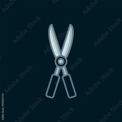 Line Gardening handmade scissors for trimming icon isolated on black background. Pruning shears with wooden handles. Flat filled outline style with shadow. Vector