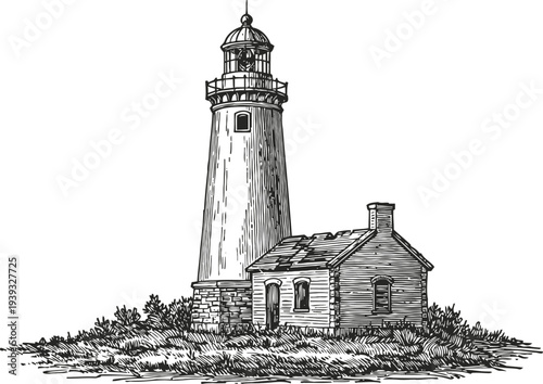 lighthouse and cottage on coastal landscape vintage detailed black and white nautical tower and small house illustration