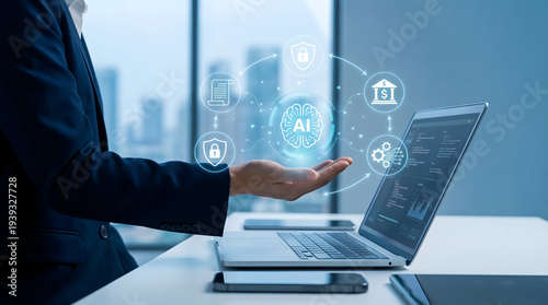 Businessman Holding Holographic AI Brain with Financial and Security Icons