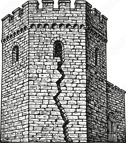 Medieval stone tower with cracked wall and battlements, historic fortress architecture