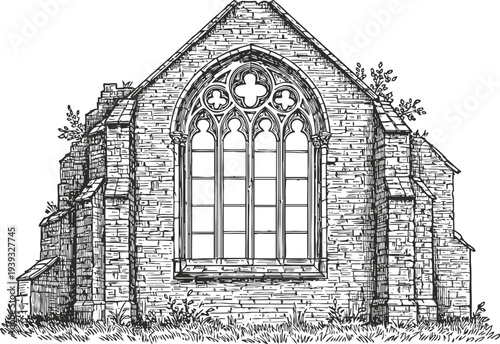 Old gothic church ruin with large stained glass window and overgrown plants around stone walls