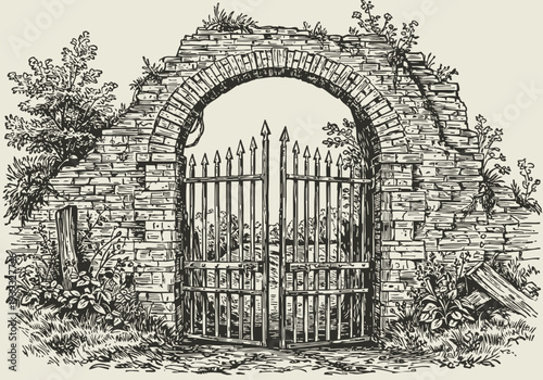 old iron gate in a stone arch surrounded by plants and wooden fence in vintage ink sketch