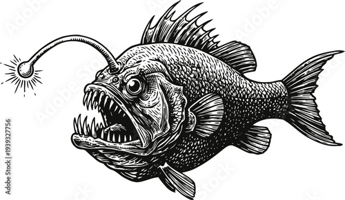 Deep sea anglerfish with bioluminescent lure, fierce teeth and spiny fins detailed black and white illustration