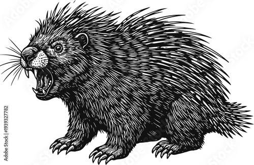 Aggressive porcupine illustration, sharp quills, defensive wild animal with open mouth, detailed black and white drawing