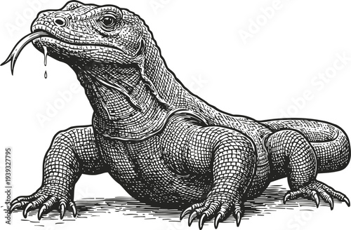 Komodo dragon detailed black and white illustration with forked tongue and textured scales