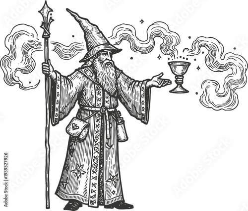 Old wizard casting magic spell with staff and floating chalice in mystical smoke and stars