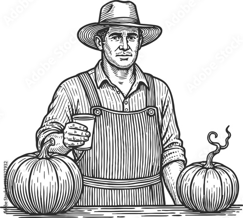 Farmer holding cup standing between two pumpkins, autumn harvest and rustic farm life concept