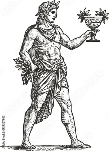 Ancient greek god dionysus holding a ceremonial cup and olive branch in classical illustration