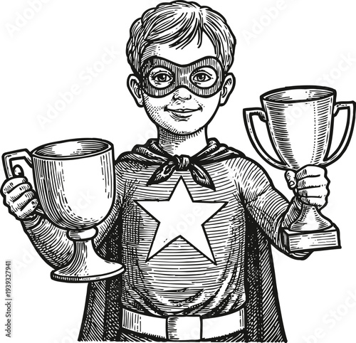Boy dressed as superhero holding two trophies, confident child hero winning awards