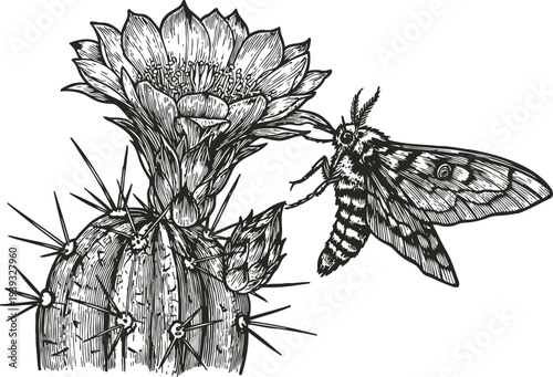 Detailed black and white illustration of a moth feeding on a blooming cactus flower in desert nature
