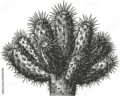Black and white vintage cactus illustration prickly desert plant with spines and detailed textured contours