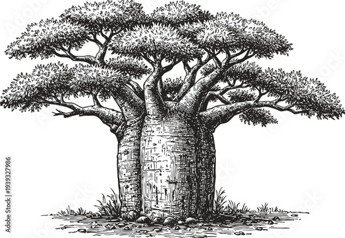 Detailed black and white illustration of a baobab tree with thick trunk and spreading branches
